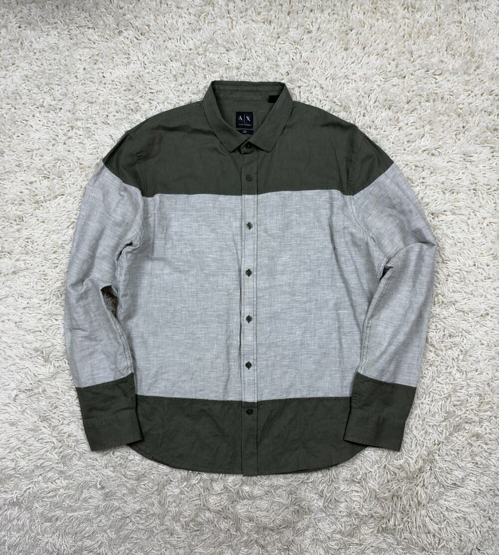 Armani Exchange Shirt Mens XL Slim Linen Blend Colorblock Green Gray Long Sleeve